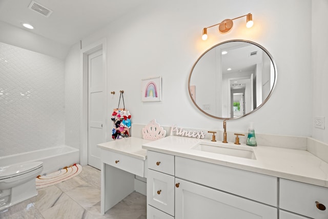 bathroom with toilet, visible vents, recessed lighting, marble finish floor, and vanity