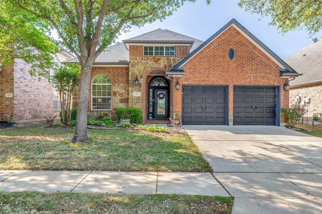 1301 Meadows Ave, Lantana, TX 76226 - traditional-style house featuring stone siding, concrete driveway, brick siding, an attached garage, and a front yard