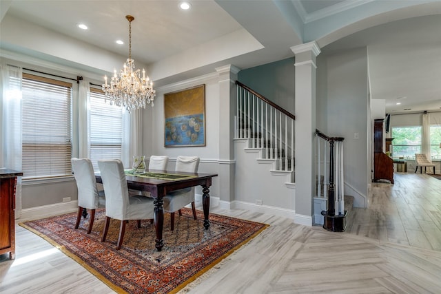 1301 Meadows Ave, Lantana, TX 76226 - dining area with recessed lighting, ornate columns, light wood-type flooring, baseboards, and a chandelier
