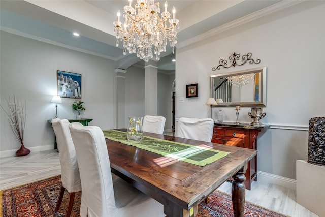 1301 Meadows Ave, Lantana, TX 76226 - dining room featuring recessed lighting, an inviting chandelier, arched walkways, crown molding, and baseboards