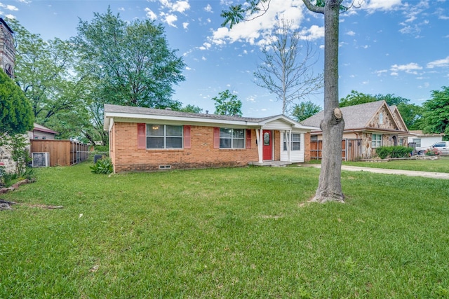 ranch-style house featuring fence, central AC, crawl space, brick siding, and a front yard