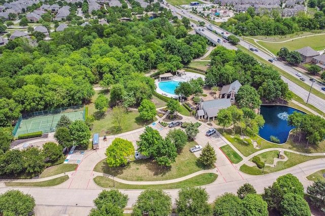 bird's eye view with a water view