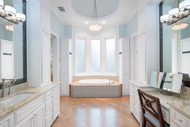 4529 Crooked Ln, Dallas, TX 75229 - bathroom featuring a chandelier, visible vents, crown molding, and vanity