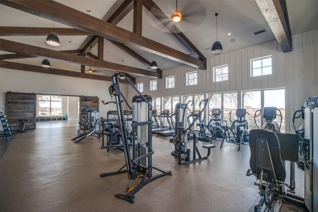 workout area featuring high vaulted ceiling