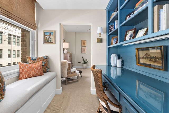 office with baseboards and light colored carpet
