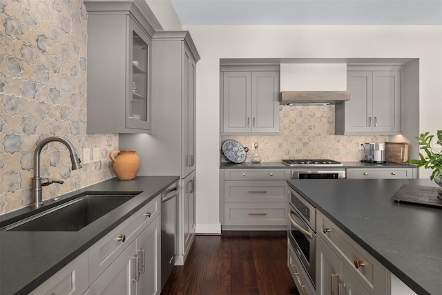 kitchen with dark countertops, wall chimney exhaust hood, gray cabinets, and a sink