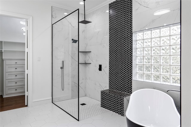 422 Mustang Dr, Sunnyvale, TX 75182 - full bathroom with a marble finish shower, a freestanding tub, crown molding, and tile patterned floors