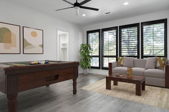 422 Mustang Dr, Sunnyvale, TX 75182 - playroom featuring ceiling fan, ornamental molding, recessed lighting, healthy amount of natural light, and wood finished floors