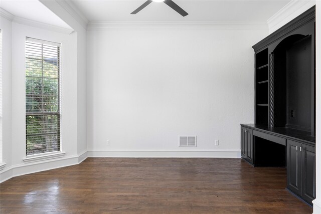 422 Mustang Dr, Sunnyvale, TX 75182 - empty room with ceiling fan, dark wood-style flooring, ornamental molding, and baseboards