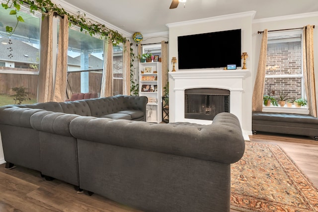 1728 Rio Secco Dr, Fort Worth, TX 76131 - living room featuring a fireplace, wood finished floors, a ceiling fan, and ornamental molding
