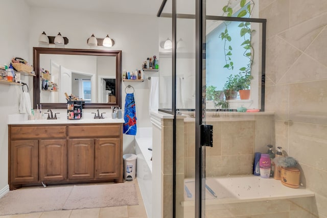 1728 Rio Secco Dr, Fort Worth, TX 76131 - full bathroom with a bath, a sink, double vanity, a stall shower, and tile patterned flooring