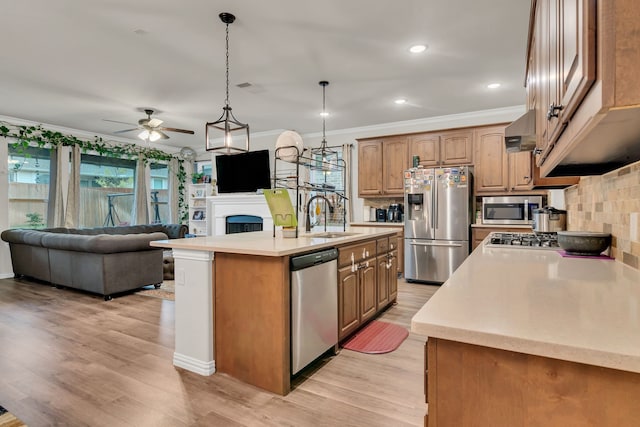 1728 Rio Secco Dr, Fort Worth, TX 76131 - kitchen with a sink, a ceiling fan, appliances with stainless steel finishes, a fireplace, and ornamental molding