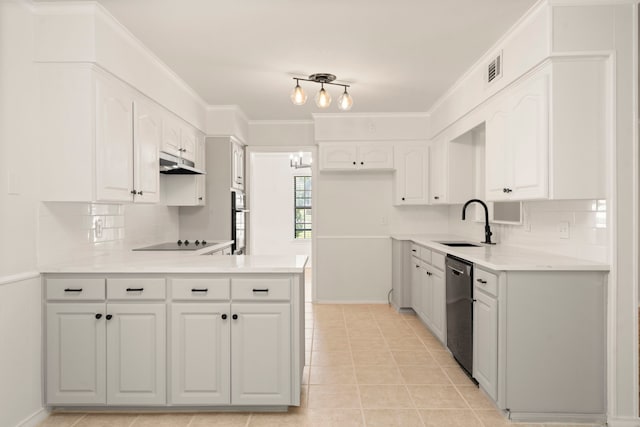 kitchen with under cabinet range hood, a sink, dishwashing machine, a peninsula, and black electric stovetop