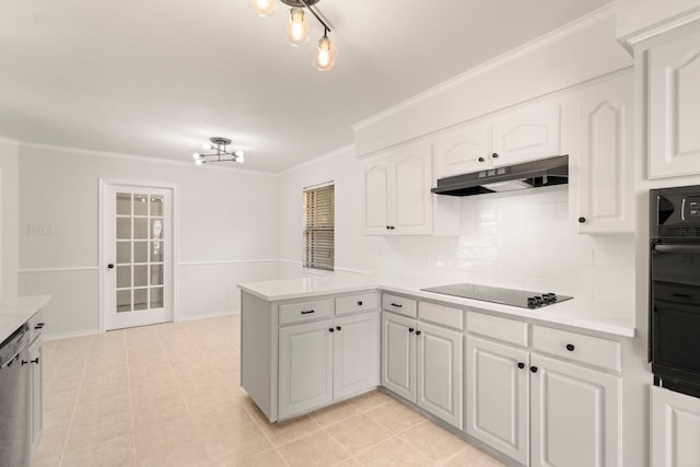 kitchen with under cabinet range hood, a peninsula, black appliances, light countertops, and white cabinets