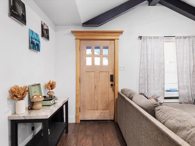 entryway featuring dark wood finished floors and vaulted ceiling with beams