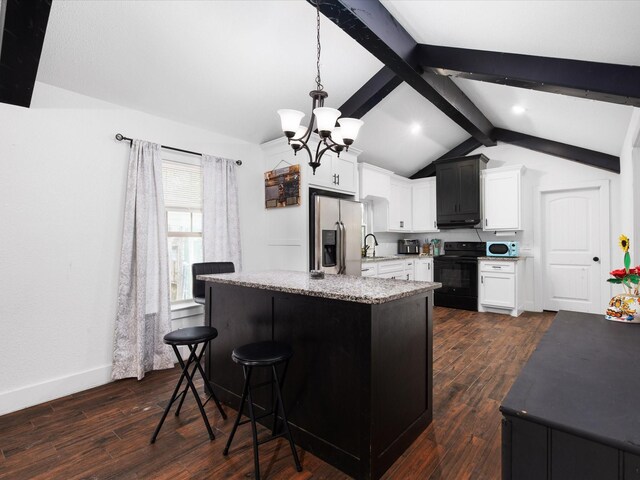 kitchen featuring a sink, a chandelier, vaulted ceiling with beams, stainless steel refrigerator with ice dispenser, and black range with electric stovetop