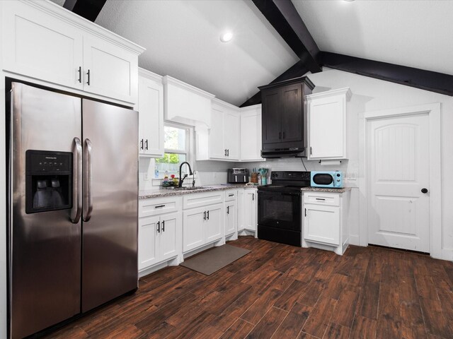 kitchen featuring black electric range oven, stainless steel refrigerator with ice dispenser, a sink, and dark wood finished floors