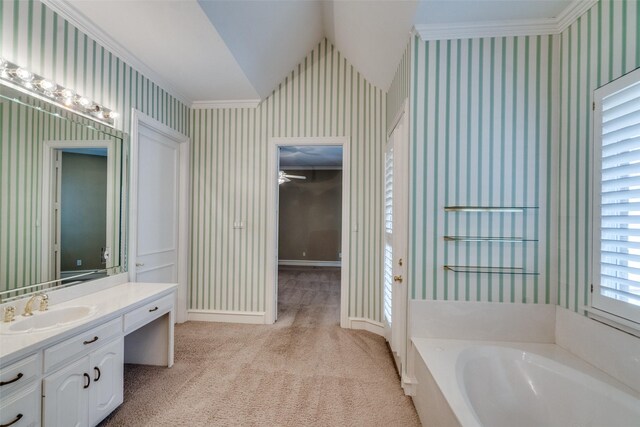 1405 Chesapeake Dr, Plano, TX 75093 - full bathroom with lofted ceiling, wallpapered walls, crown molding, a bath, and vanity