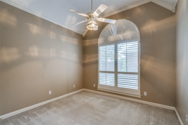 1405 Chesapeake Dr, Plano, TX 75093 - spare room featuring ornamental molding, lofted ceiling, ceiling fan, light carpet, and baseboards