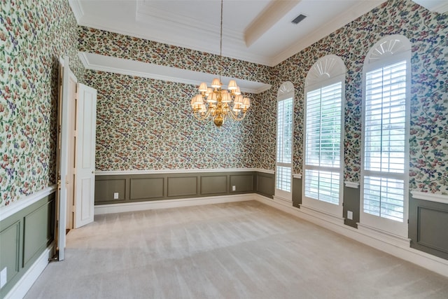 1405 Chesapeake Dr, Plano, TX 75093 - unfurnished room with wallpapered walls, crown molding, a chandelier, wainscoting, and light carpet