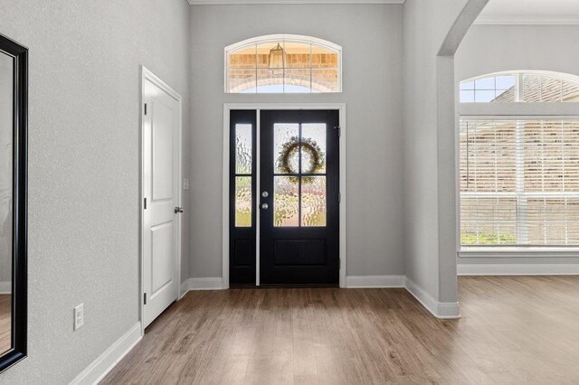 entryway featuring baseboards, wood finished floors, arched walkways, and a healthy amount of sunlight