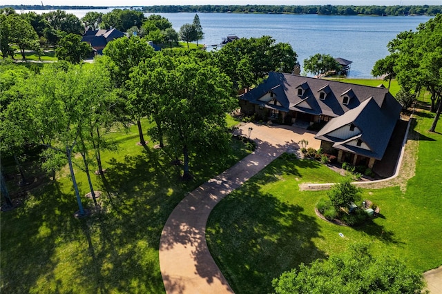 drone / aerial view featuring a water view