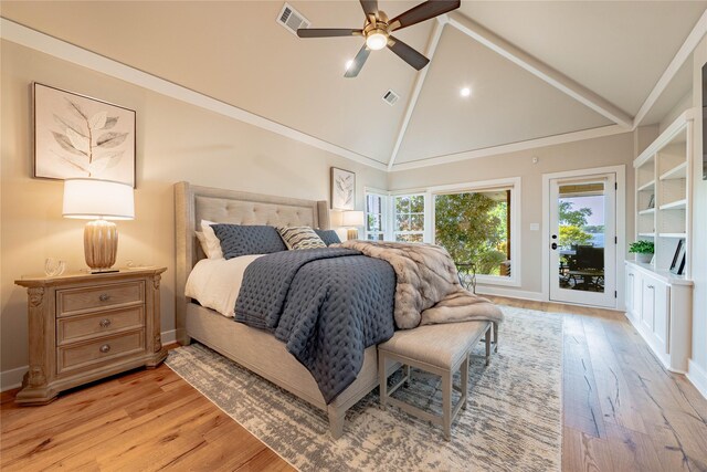 bedroom featuring visible vents, light wood-style floors, a ceiling fan, access to outside, and high vaulted ceiling