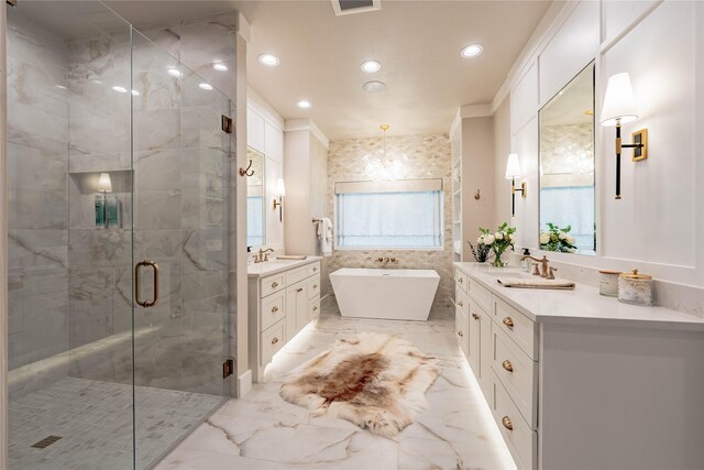 full bath with a soaking tub, marble finish floor, recessed lighting, and a shower stall