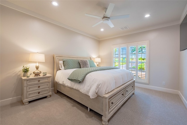bedroom with recessed lighting, visible vents, a ceiling fan, baseboards, and light colored carpet
