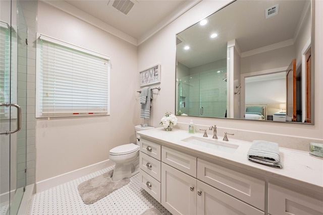 full bath featuring crown molding, vanity, visible vents, and a stall shower