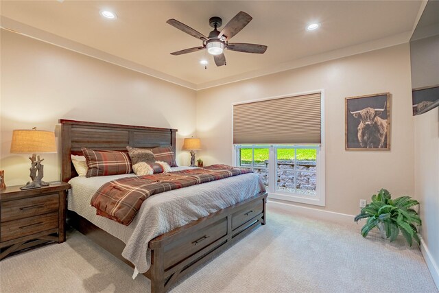 carpeted bedroom featuring recessed lighting, baseboards, and ceiling fan