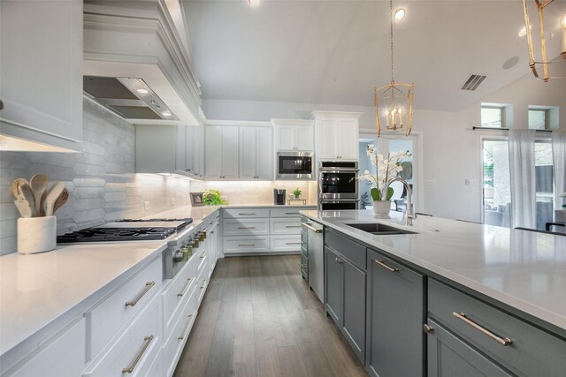 kitchen featuring a sink, light countertops, stainless steel appliances, gray cabinetry, and visible vents