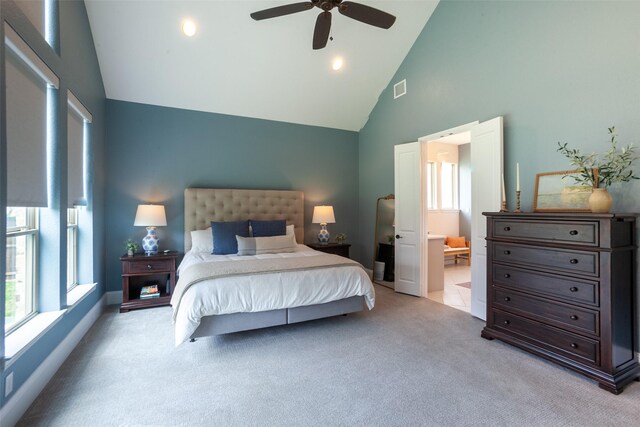bedroom featuring visible vents, high vaulted ceiling, recessed lighting, connected bathroom, and carpet flooring