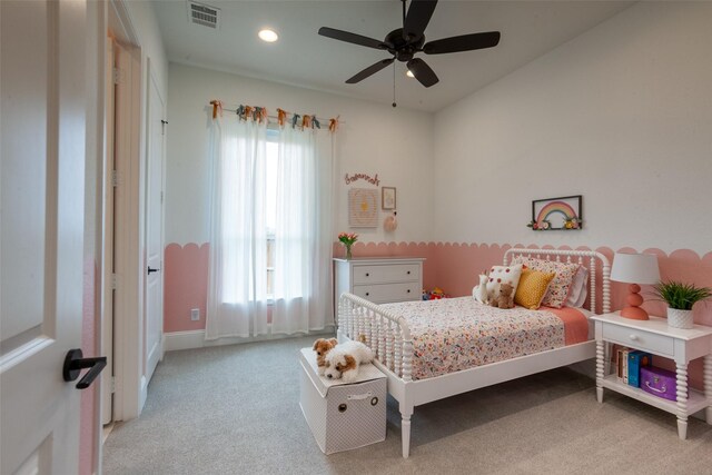 bedroom with ceiling fan, light colored carpet, visible vents, baseboards, and recessed lighting