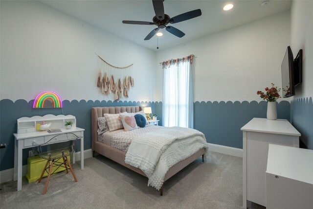 carpeted bedroom featuring recessed lighting, baseboards, and a ceiling fan