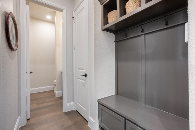 mudroom with baseboards and dark wood-type flooring