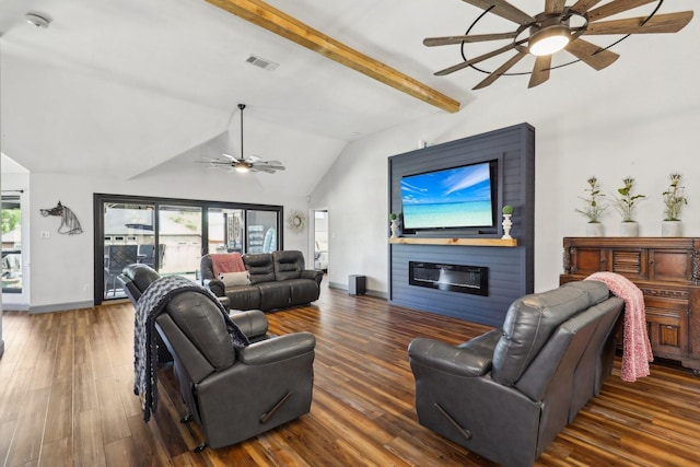 living room featuring vaulted ceiling with beams, visible vents, baseboards, wood finished floors, and ceiling fan