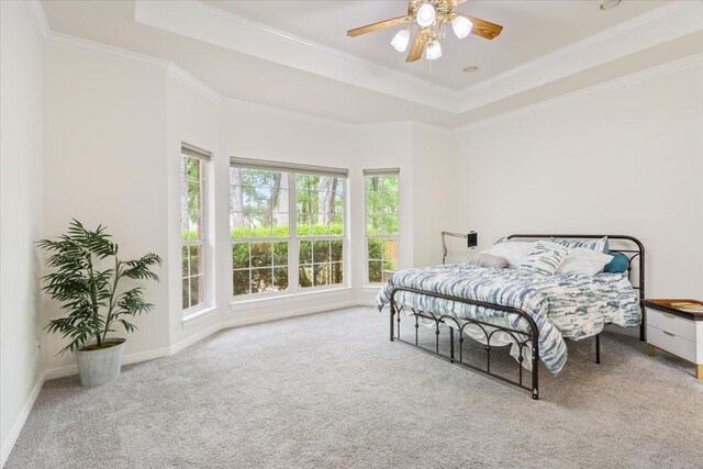 bedroom featuring a ceiling fan, crown molding, a tray ceiling, baseboards, and carpet flooring