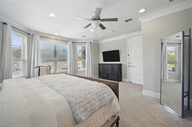 carpeted bedroom with crown molding, visible vents, baseboards, recessed lighting, and a ceiling fan
