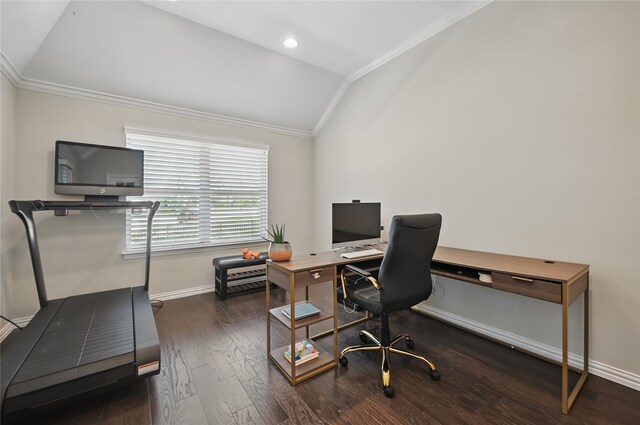 home office with baseboards, ornamental molding, wood finished floors, and vaulted ceiling