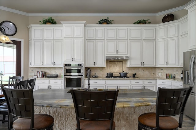 8636 Morgan Rd, Blue Ridge, TX 75424 - kitchen featuring under cabinet range hood, white cabinetry, appliances with stainless steel finishes, and ornamental molding