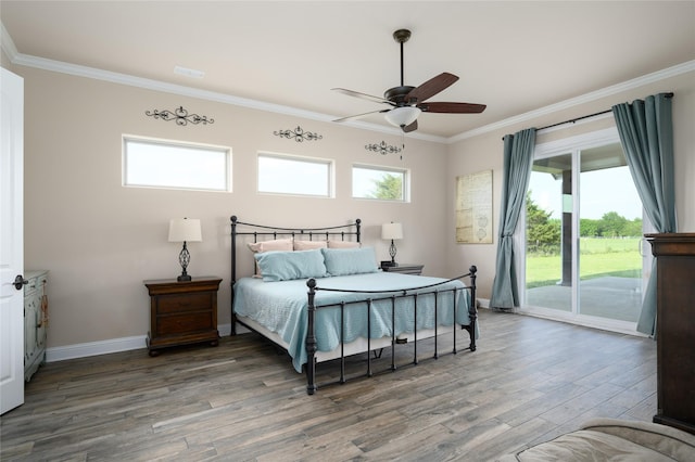 8636 Morgan Rd, Blue Ridge, TX 75424 - bedroom featuring access to exterior, wood finished floors, ornamental molding, baseboards, and ceiling fan