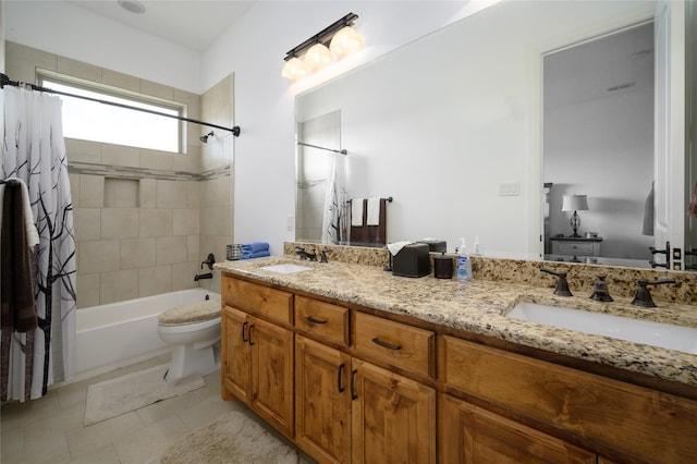 8636 Morgan Rd, Blue Ridge, TX 75424 - full bathroom featuring double vanity, shower / tub combo, toilet, and tile patterned flooring
