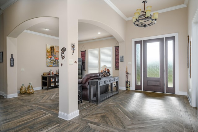 8636 Morgan Rd, Blue Ridge, TX 75424 - entryway with a chandelier, baseboards, arched walkways, ornamental molding, and recessed lighting
