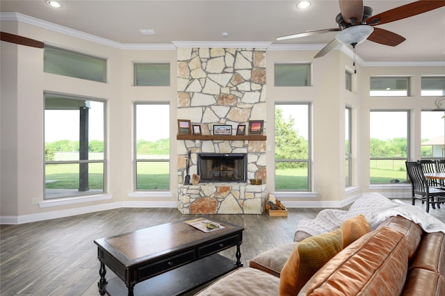 8636 Morgan Rd, Blue Ridge, TX 75424 - living room with baseboards, ornamental molding, healthy amount of natural light, wood-type flooring, and ceiling fan