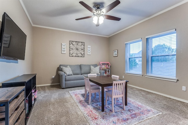 7021 Castle Creek Ct, Fort Worth, TX 76132 - carpeted dining room with ceiling fan, baseboards, and ornamental molding