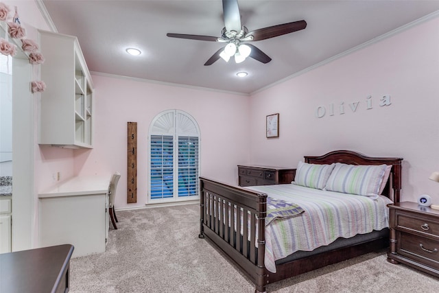 7021 Castle Creek Ct, Fort Worth, TX 76132 - bedroom with recessed lighting, ceiling fan, light colored carpet, and ornamental molding