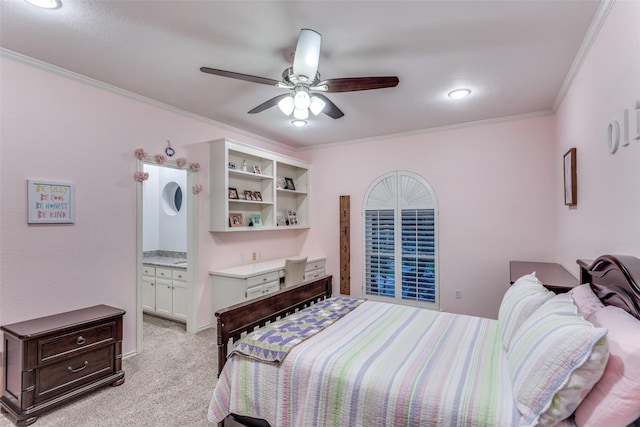 7021 Castle Creek Ct, Fort Worth, TX 76132 - bedroom featuring ensuite bath, ceiling fan, light carpet, and ornamental molding