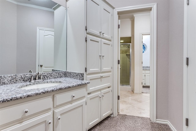 7021 Castle Creek Ct, Fort Worth, TX 76132 - full bath with vanity, a shower stall, and ornamental molding