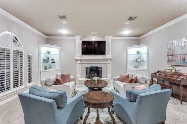 7021 Castle Creek Ct, Fort Worth, TX 76132 - carpeted living room featuring a tile fireplace, visible vents, and crown molding